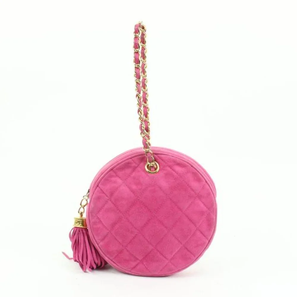 Chanel Hot Pink Quilted Suede Fringe Tassel Round Clutch on Chain88cz425s